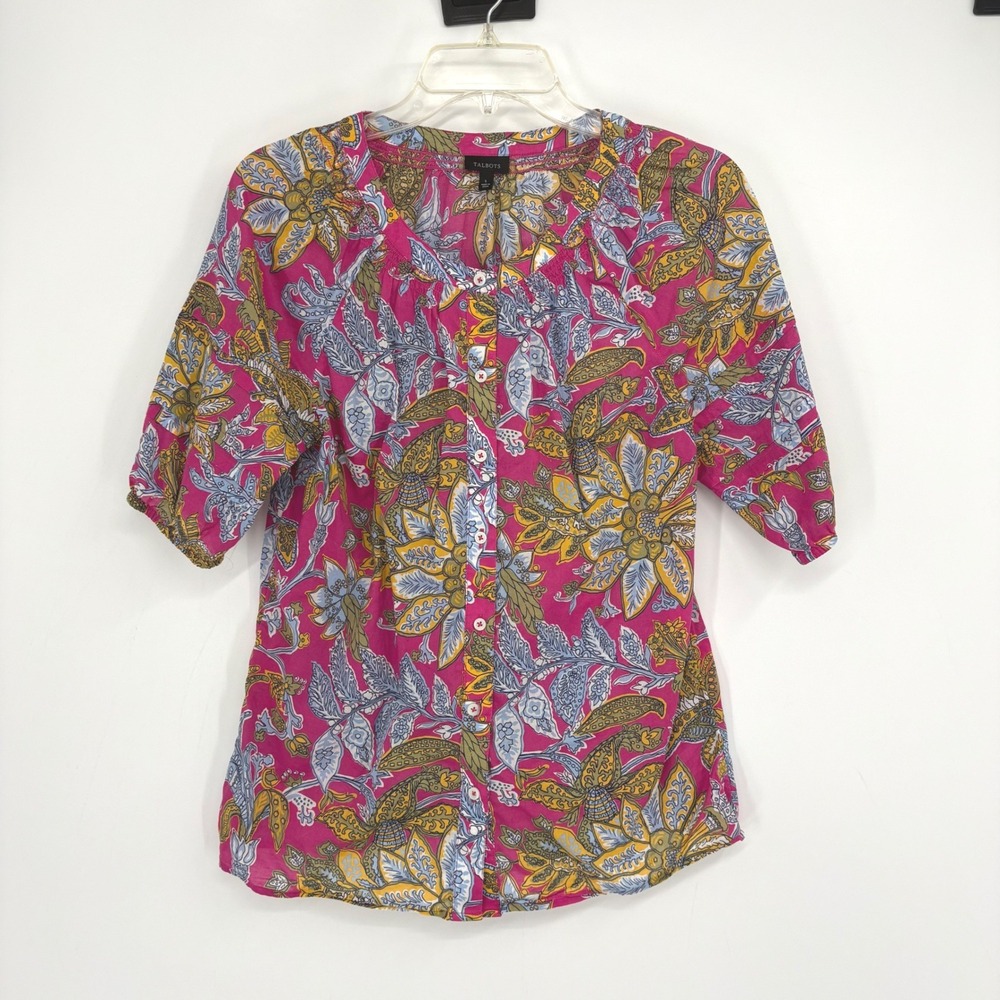 Talbots Blouse Women S Pink Floral Paisley Smocked Cotton Puff Sleeve Top 1998